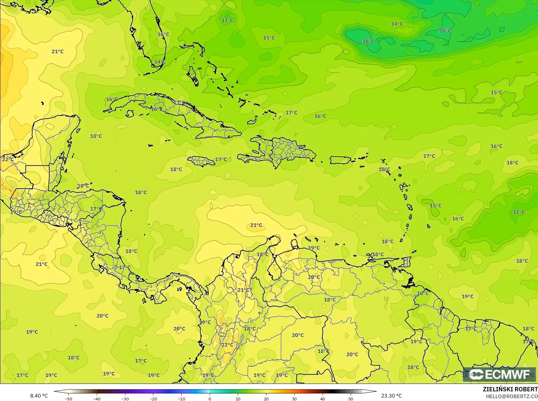 ECMWF IFS 0.25° model - Karayipler, 850 hPa Sıcaklık