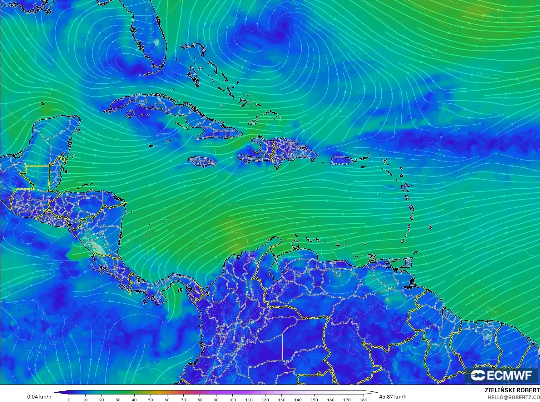 ECMWF IFS 0.25° model - Karayipler, 10 m Rüzgâr