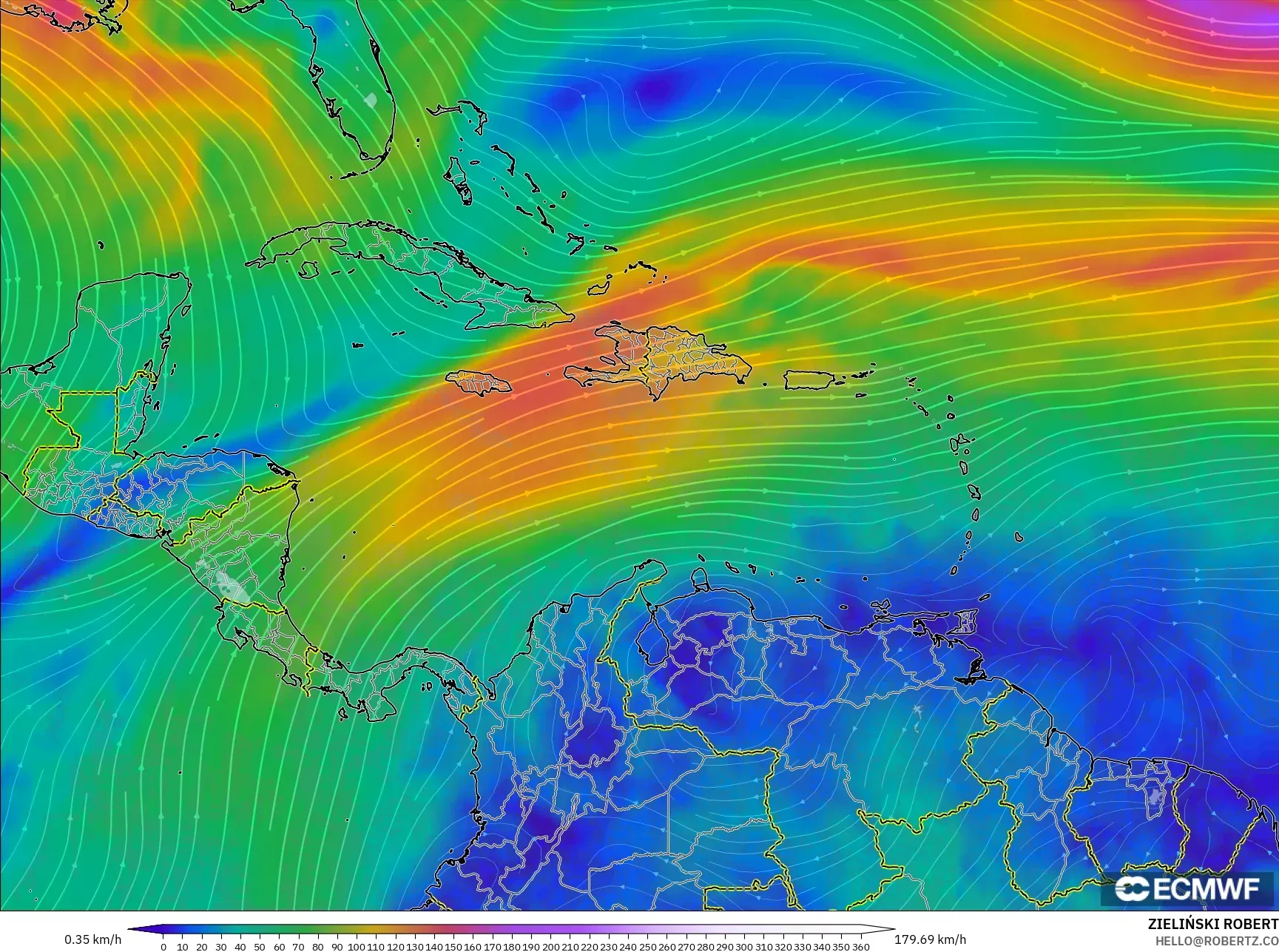 ECMWF IFS 0.25° model - Karayipler, 300 hPa Rüzgârı (jet)