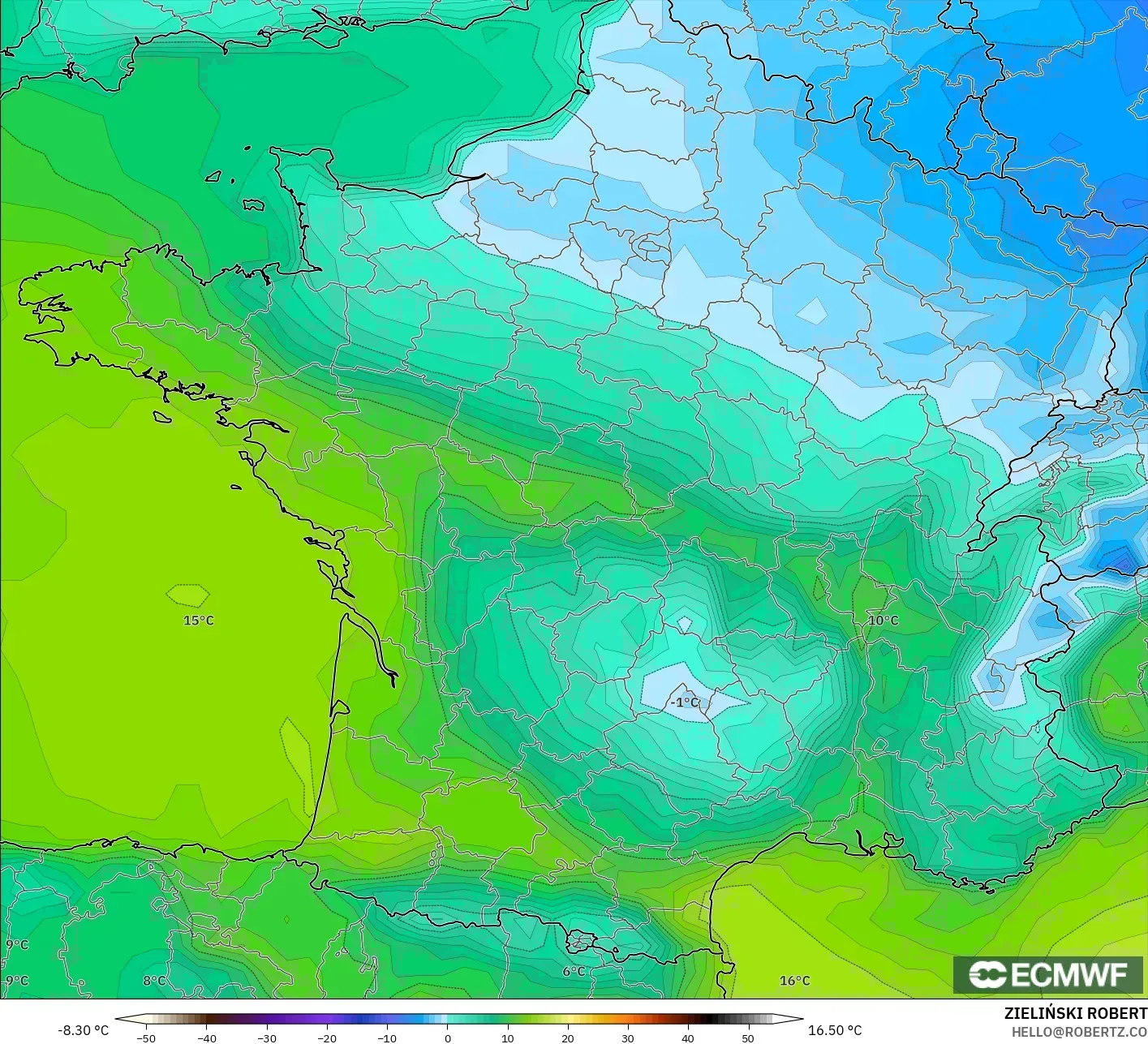 ECMWF IFS 0.25° model - Fransa, 2 m Çiy Noktası