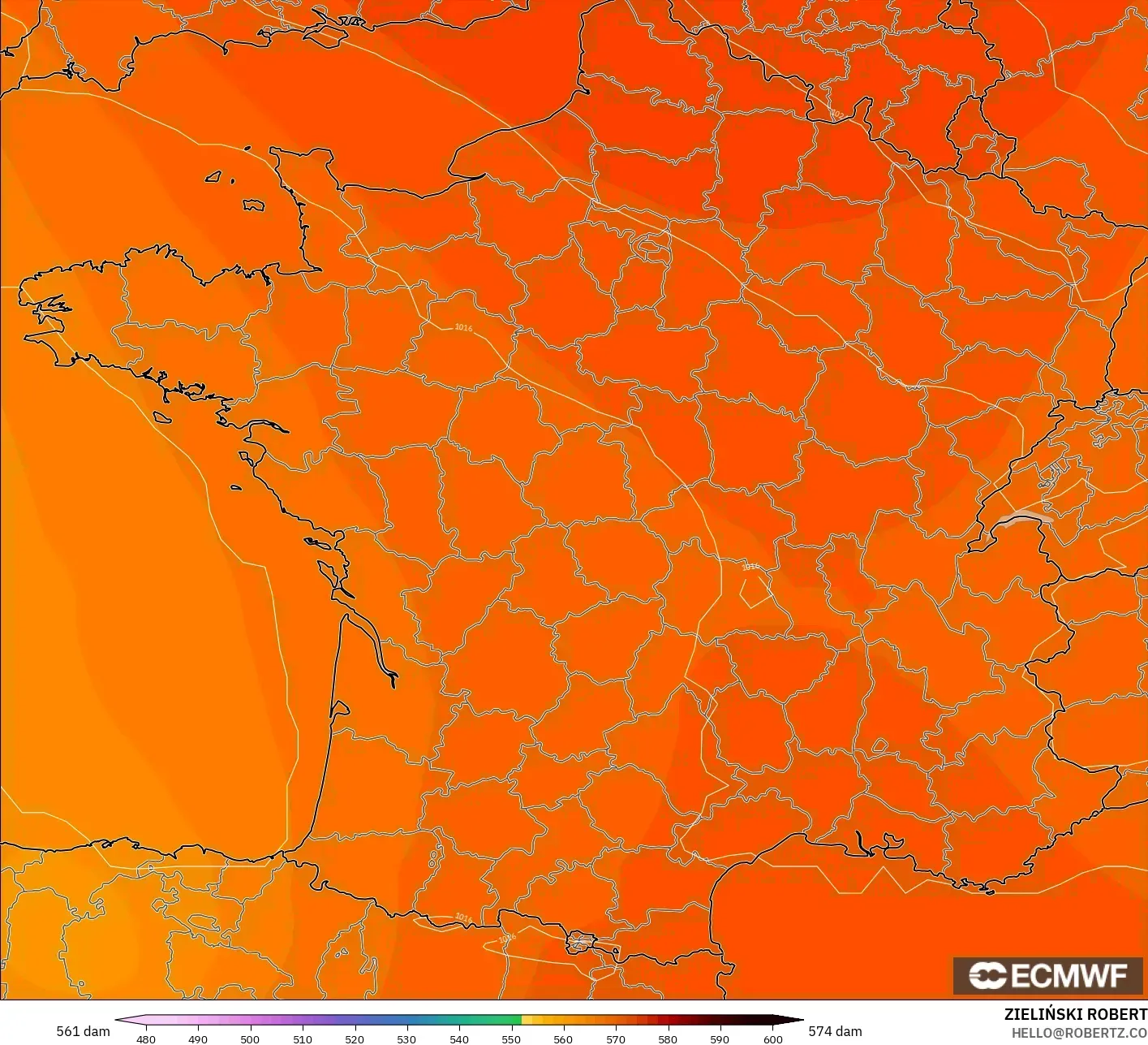 ECMWF IFS 0.25° model - Fransa, 500 hPa’da jeopotansiyel yükseklik