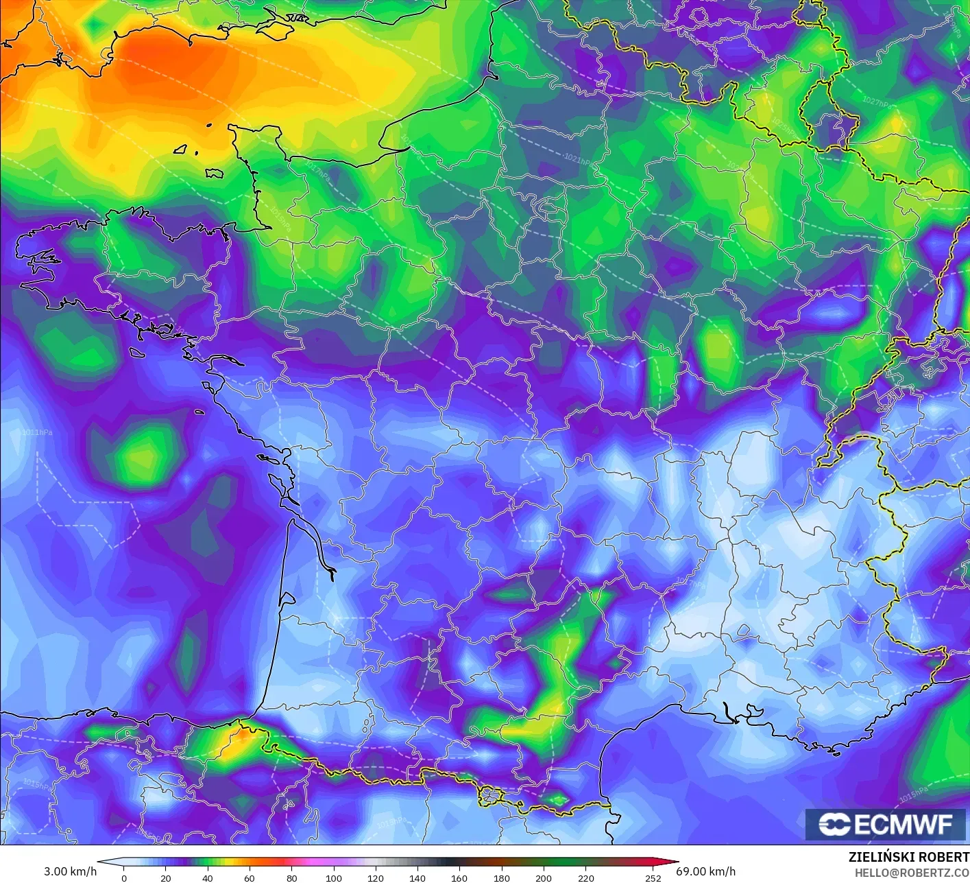 ECMWF IFS 0.25° model - Fransa, Rüzgâr Esintileri