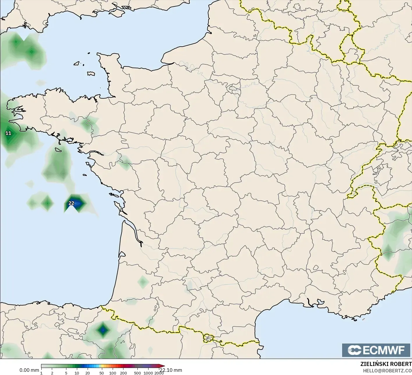 ECMWF IFS 0.25° model - Fransa, Yağış Birikimi
