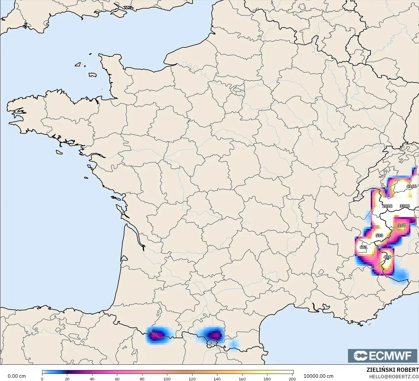 ECMWF IFS 0.25° model - Fransa, Kar Kalınlığı