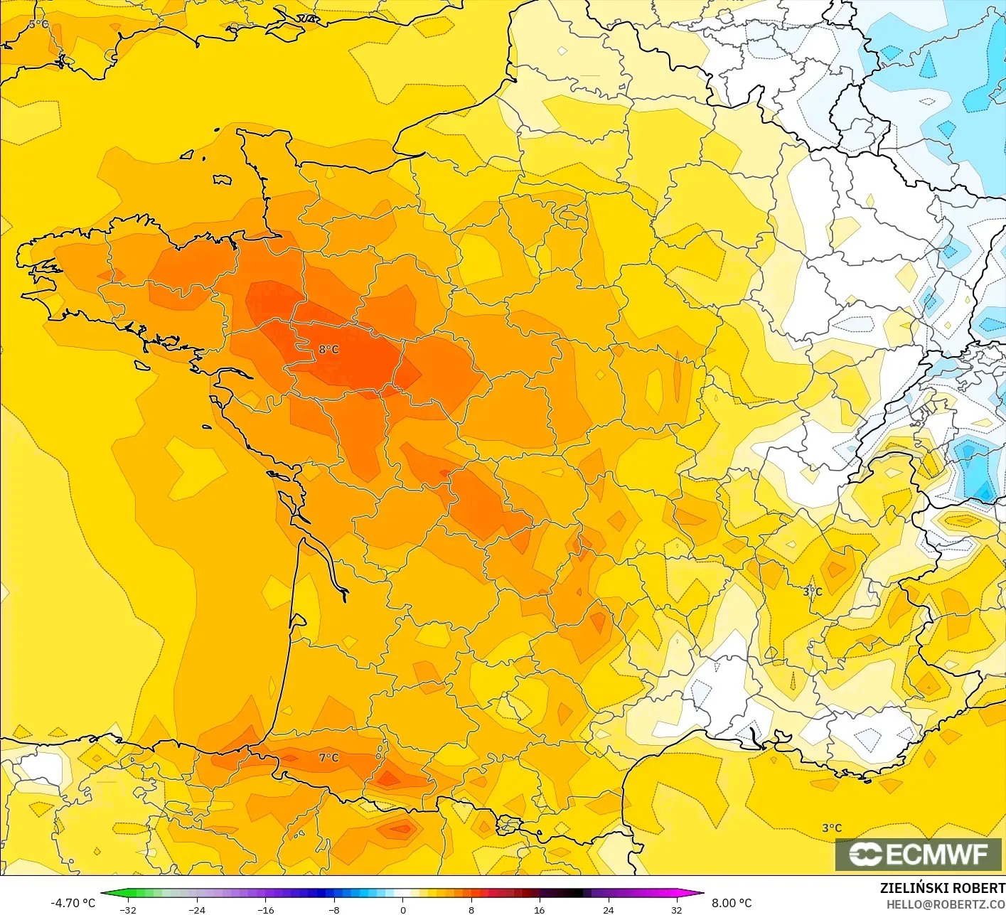 ECMWF IFS 0.25° model - Fransa, 2 m Sıcaklık Anomalisi