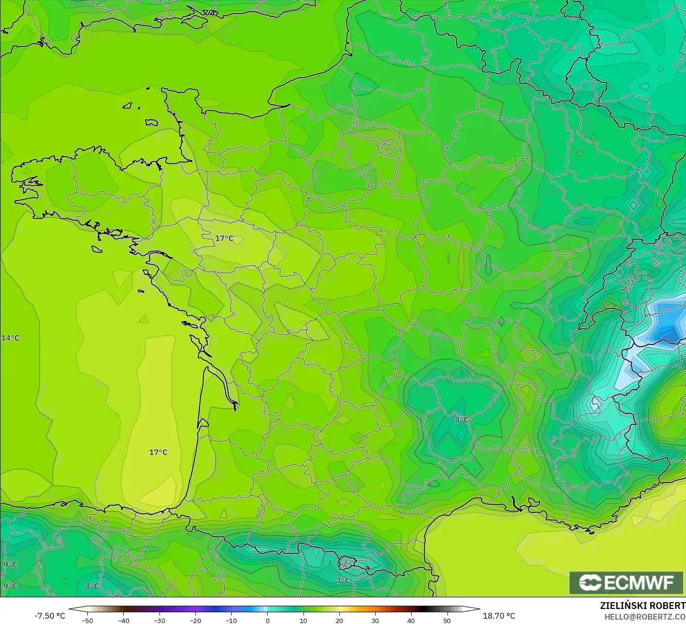ECMWF IFS 0.25° model - Fransa, 2 m Sıcaklık