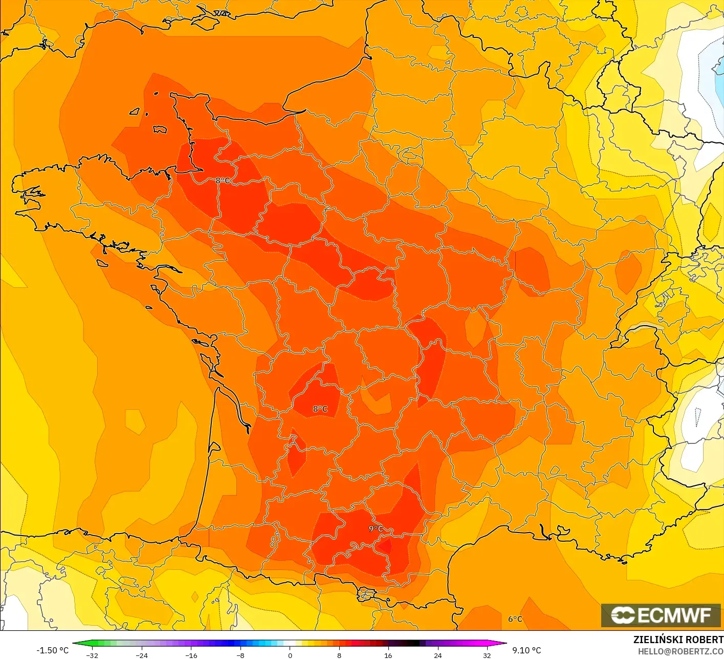 ECMWF IFS 0.25° model - Fransa, 850 hPa Sıcaklık Anomalisi