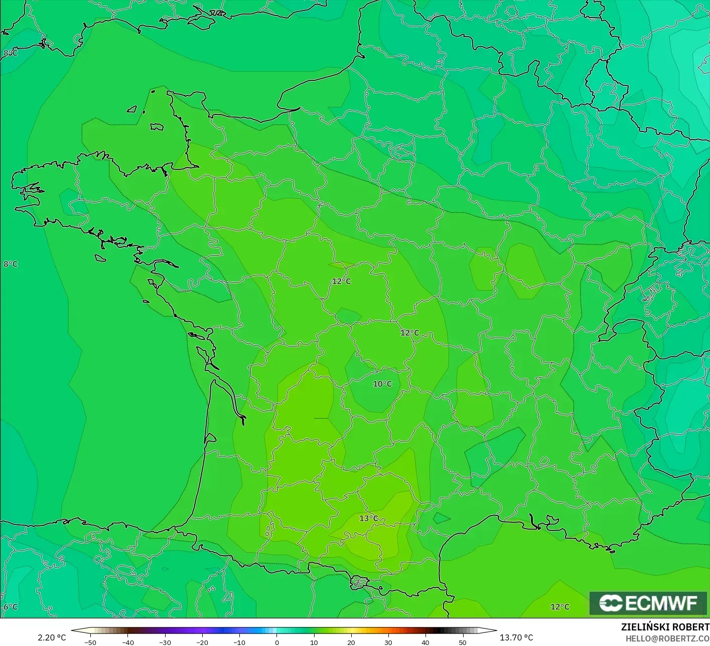 ECMWF IFS 0.25° model - Fransa, 850 hPa Sıcaklık