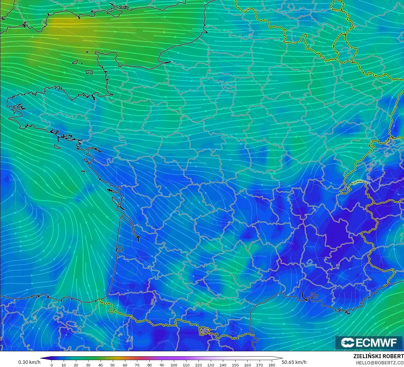 ECMWF IFS 0.25° model - Fransa, 10 m Rüzgâr