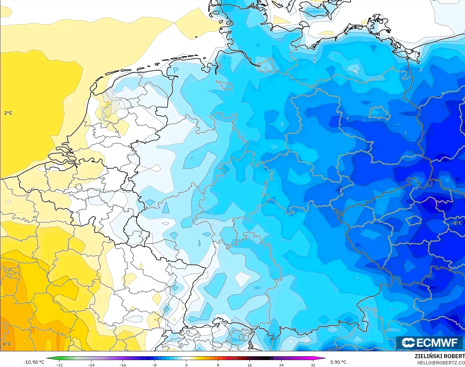 ECMWF IFS 0.25° model - Almanya, 2 m Sıcaklık Anomalisi
