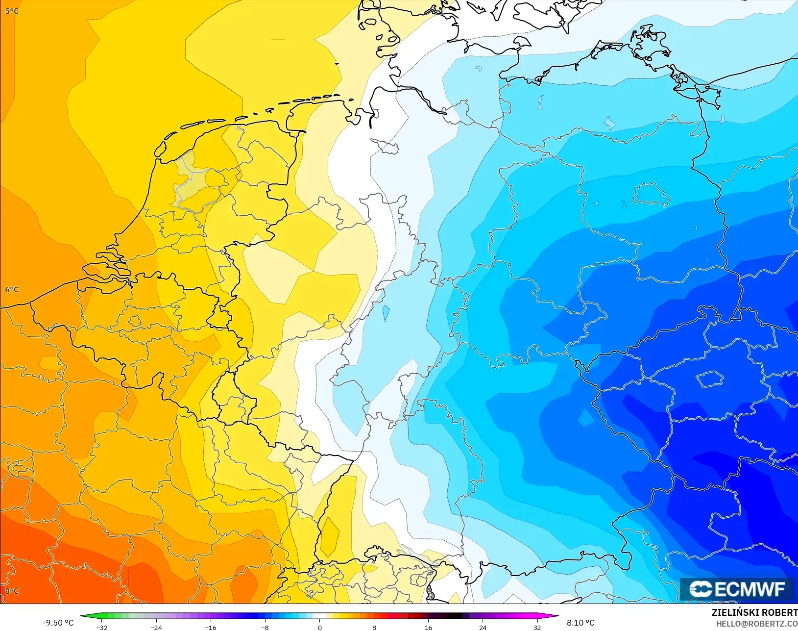 ECMWF IFS 0.25° model - Almanya, 850 hPa Sıcaklık Anomalisi