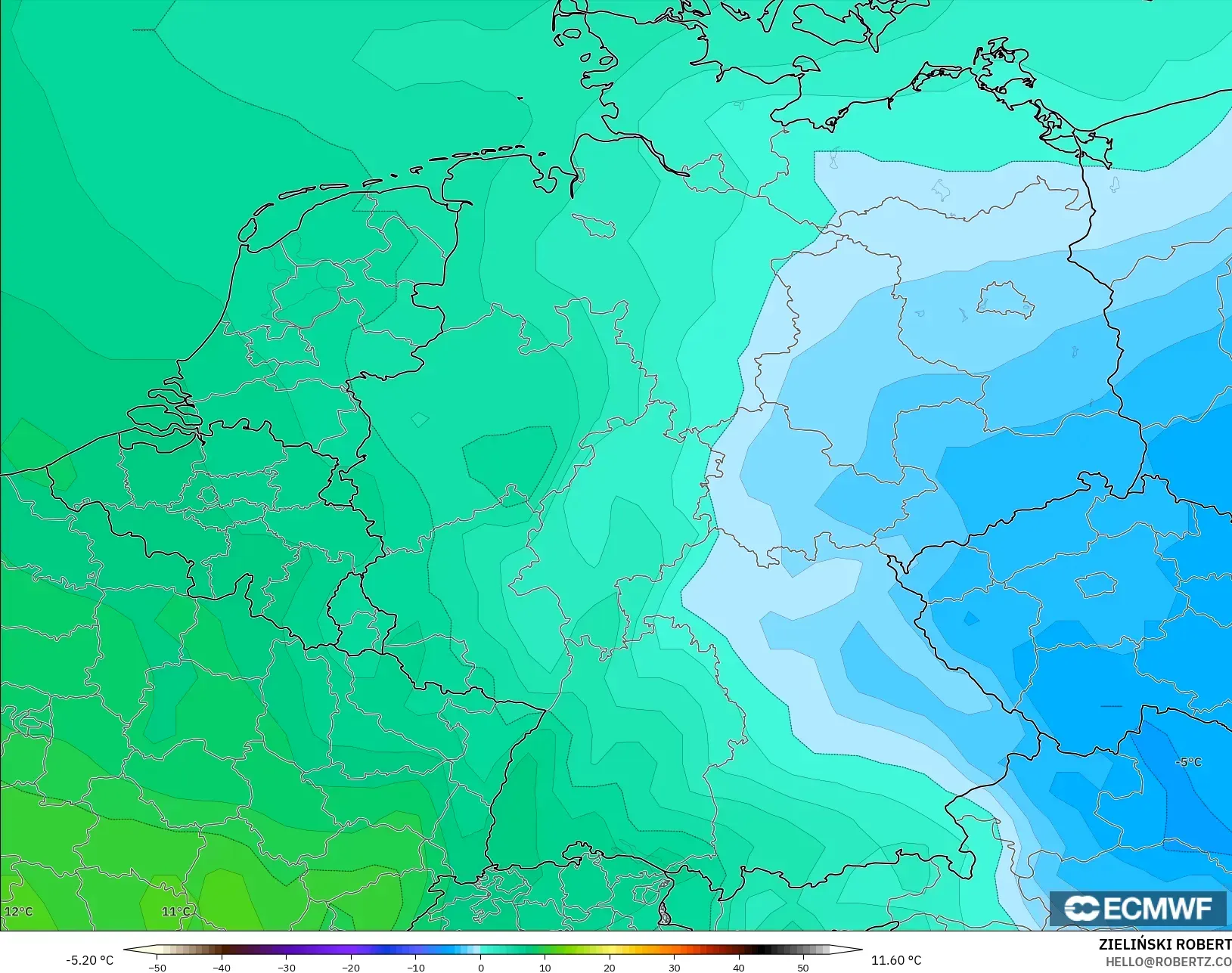 ECMWF IFS 0.25° model - Almanya, 850 hPa Sıcaklık