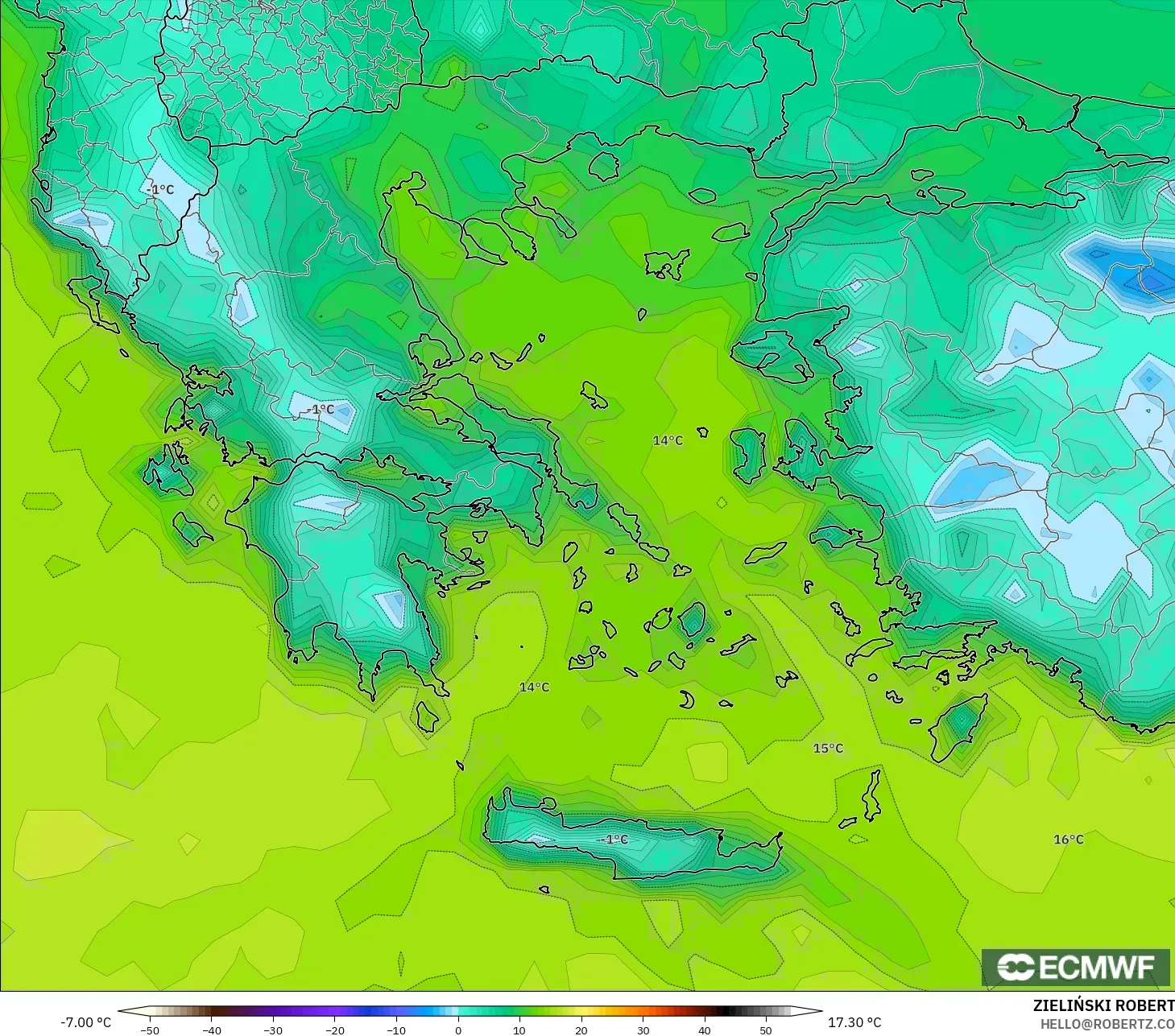 ECMWF IFS 0.25° model - Yunanistan, 2 m Çiy Noktası