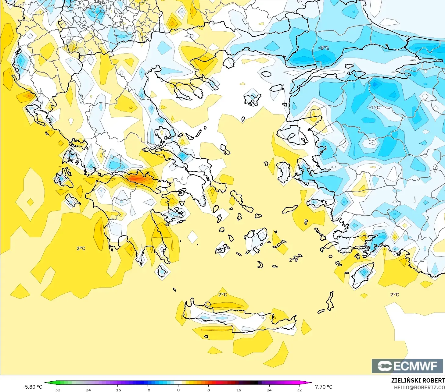 ECMWF IFS 0.25° model - Yunanistan, 2 m Sıcaklık Anomalisi