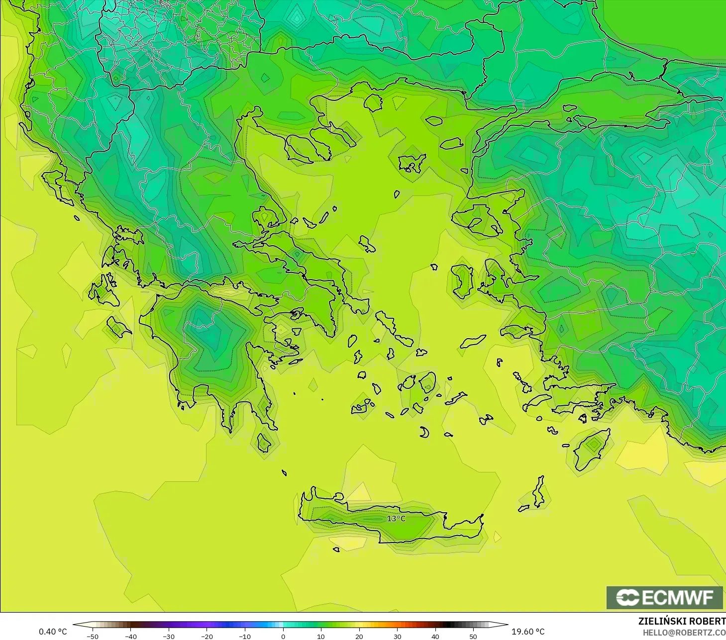 ECMWF IFS 0.25° model - Yunanistan, 2 m Sıcaklık