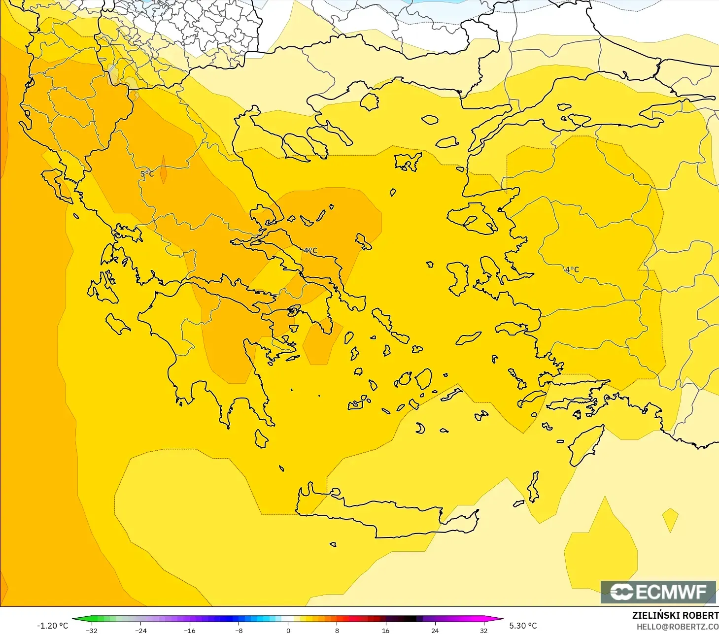 ECMWF IFS 0.25° model - Yunanistan, 850 hPa Sıcaklık Anomalisi