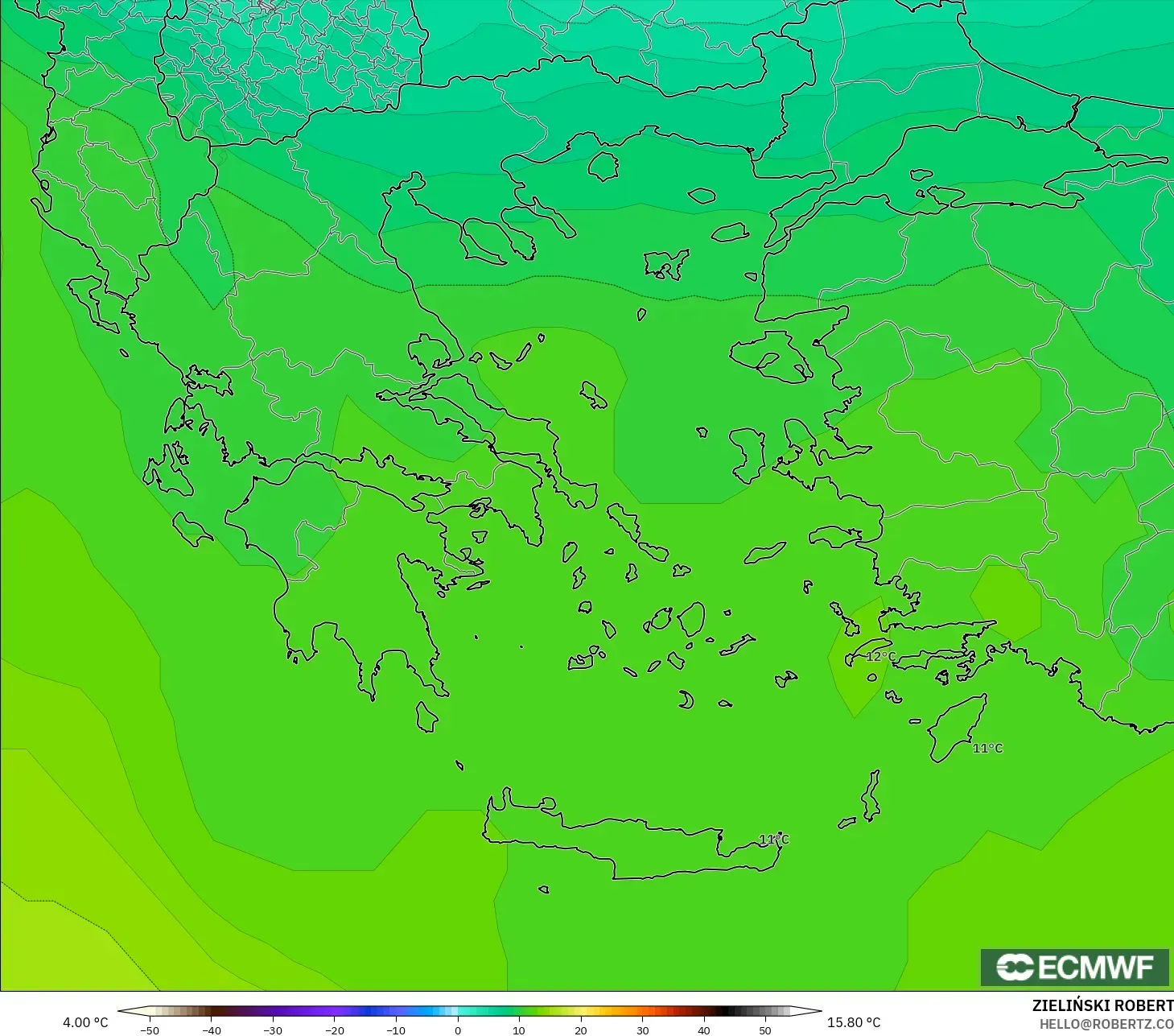 ECMWF IFS 0.25° model - Yunanistan, 850 hPa Sıcaklık