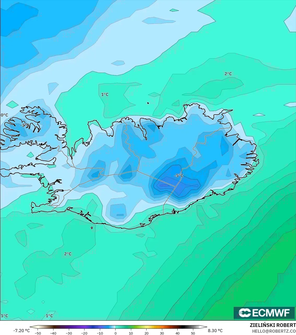 ECMWF IFS 0.25° model - İzlanda, 2 m Çiy Noktası