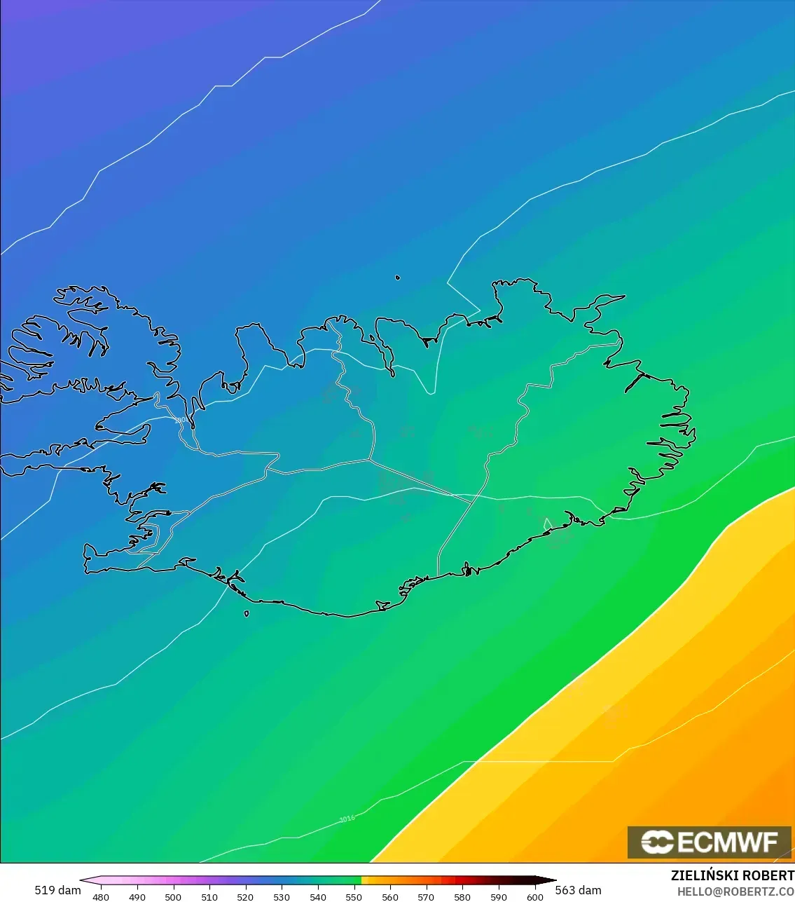 ECMWF IFS 0.25° model - İzlanda, 500 hPa’da jeopotansiyel yükseklik