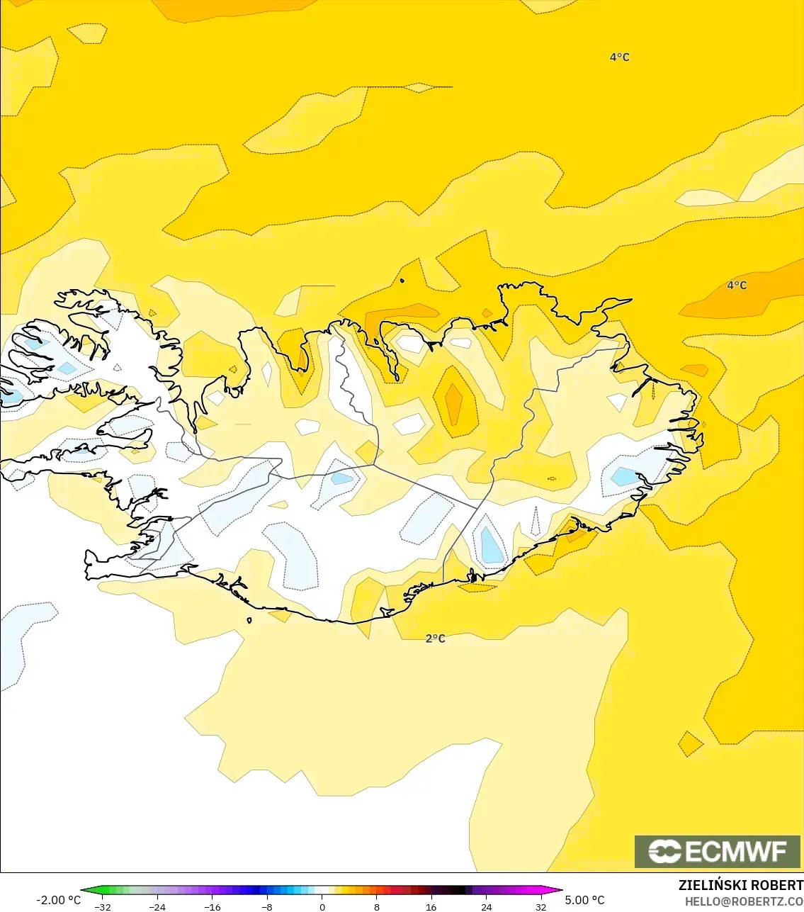 ECMWF IFS 0.25° model - İzlanda, 2 m Sıcaklık Anomalisi
