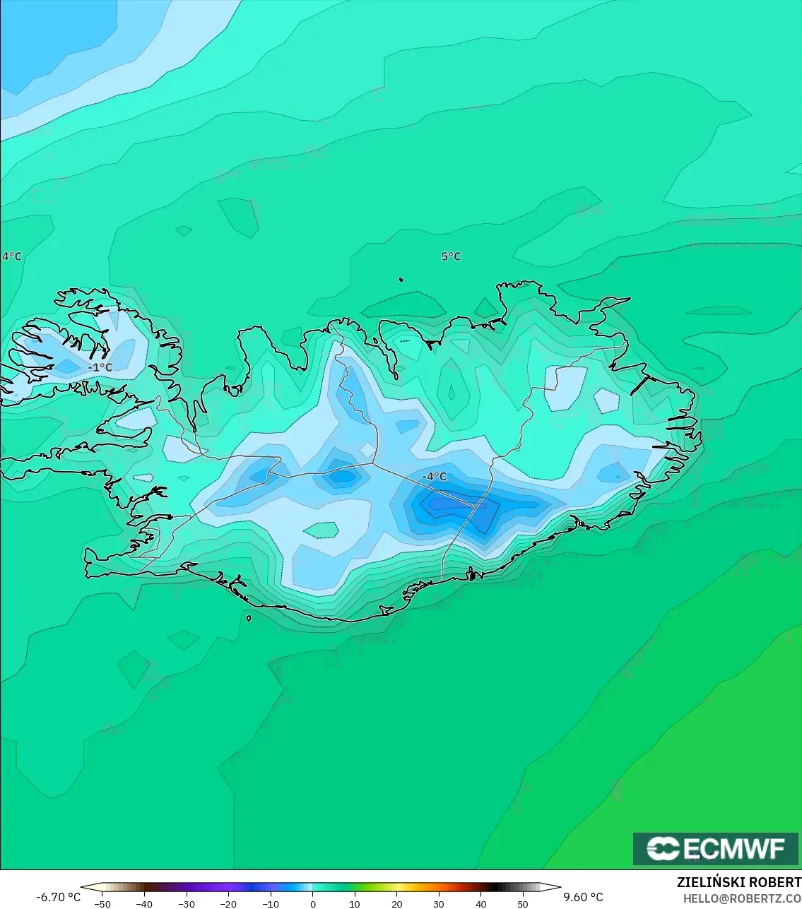 ECMWF IFS 0.25° model - İzlanda, 2 m Sıcaklık