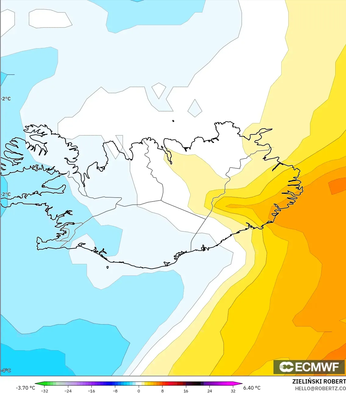 ECMWF IFS 0.25° model - İzlanda, 850 hPa Sıcaklık Anomalisi