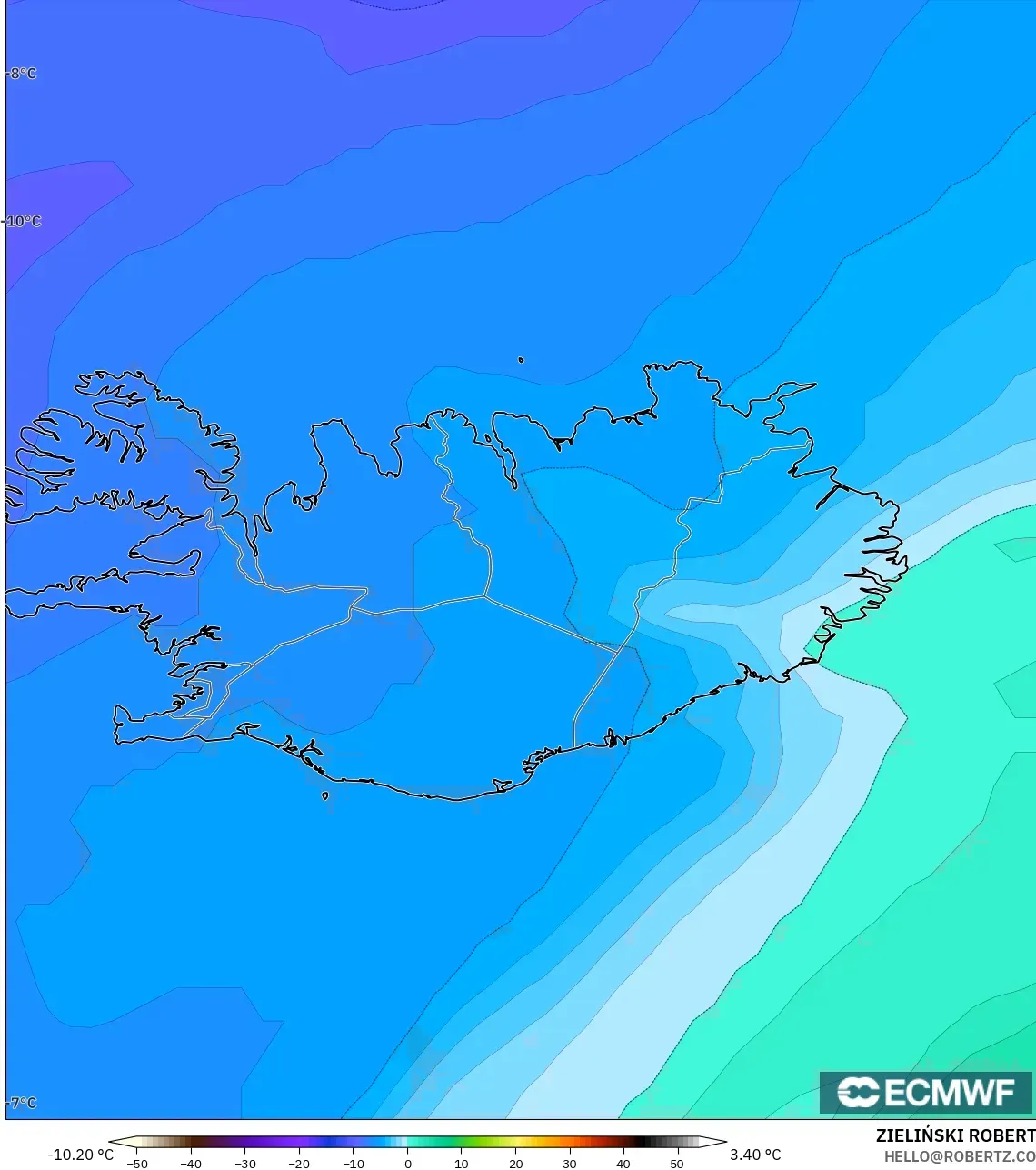 ECMWF IFS 0.25° model - İzlanda, 850 hPa Sıcaklık