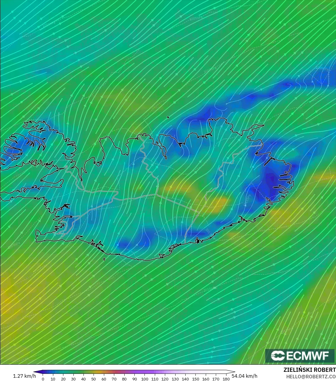 ECMWF IFS 0.25° model - İzlanda, 10 m Rüzgâr