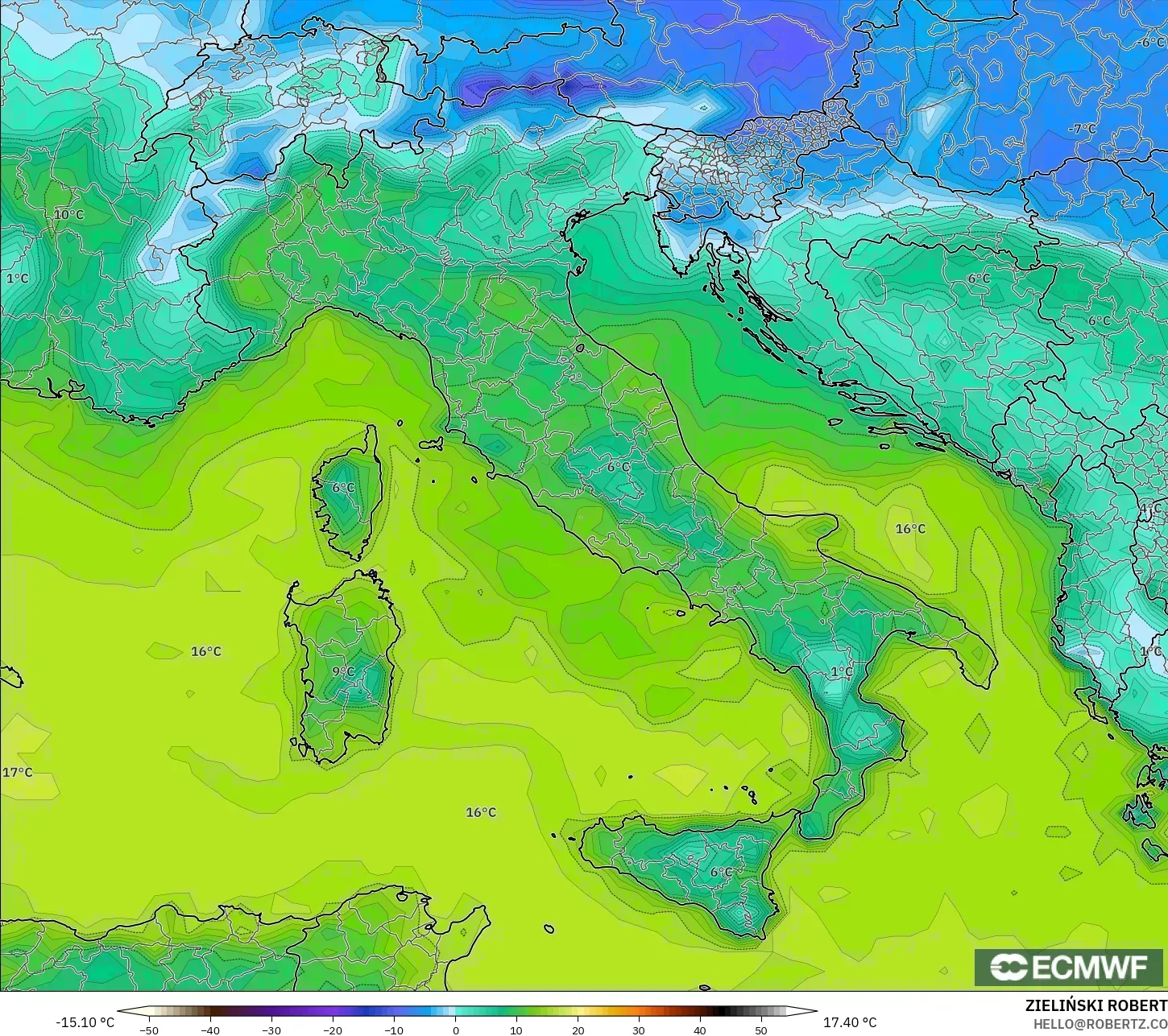 ECMWF IFS 0.25° model - İtalya, 2 m Çiy Noktası