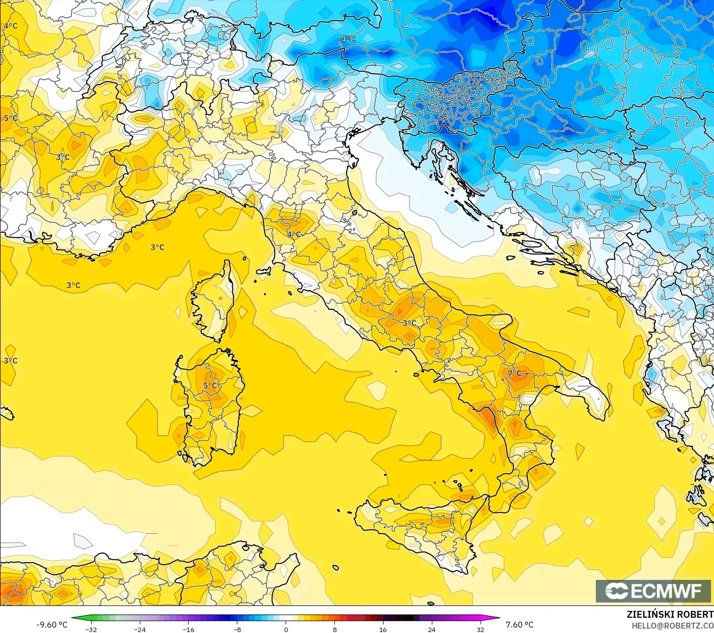 ECMWF IFS 0.25° model - İtalya, 2 m Sıcaklık Anomalisi