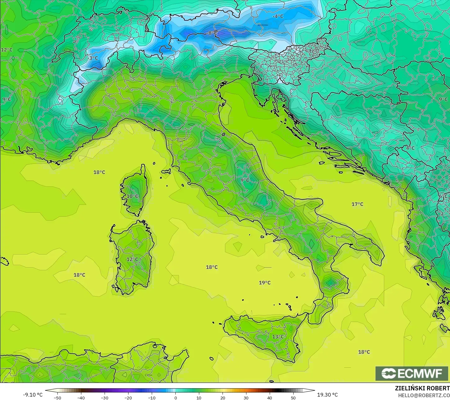 ECMWF IFS 0.25° model - İtalya, 2 m Sıcaklık