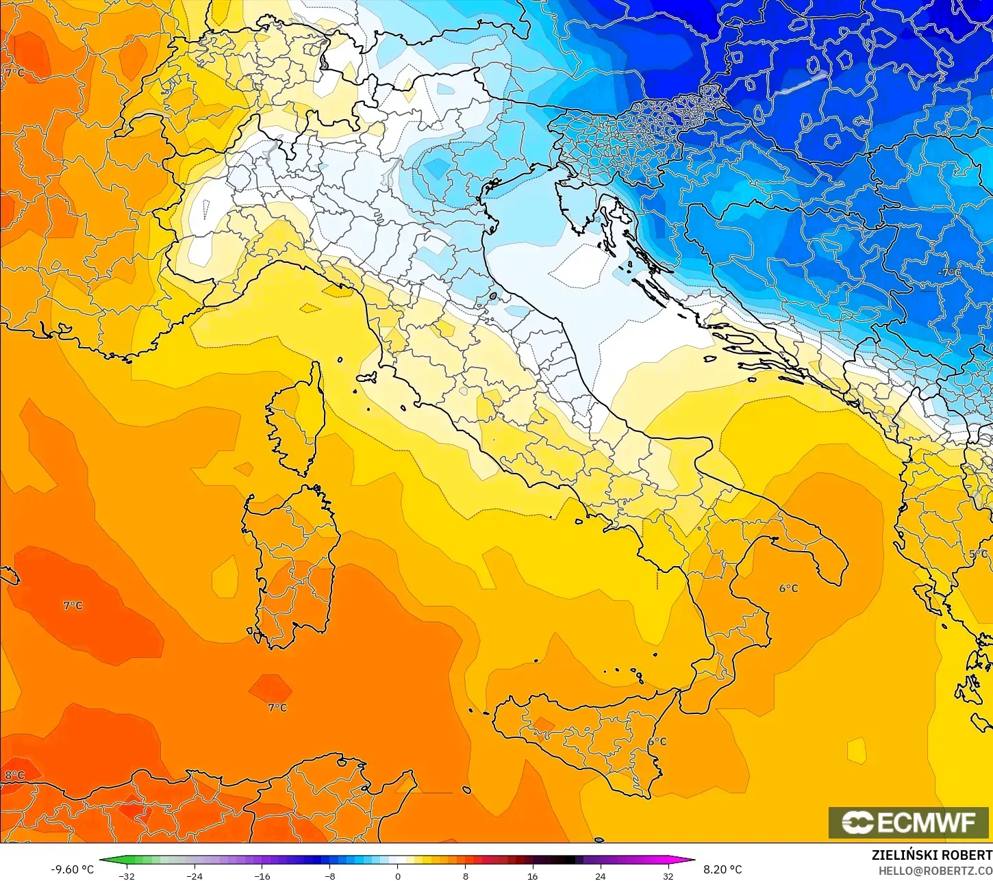 ECMWF IFS 0.25° model - İtalya, 850 hPa Sıcaklık Anomalisi