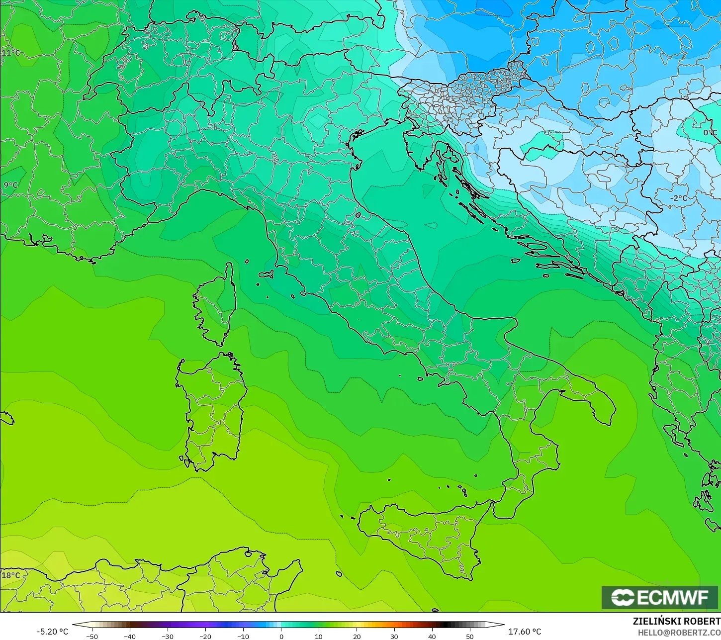 ECMWF IFS 0.25° model - İtalya, 850 hPa Sıcaklık