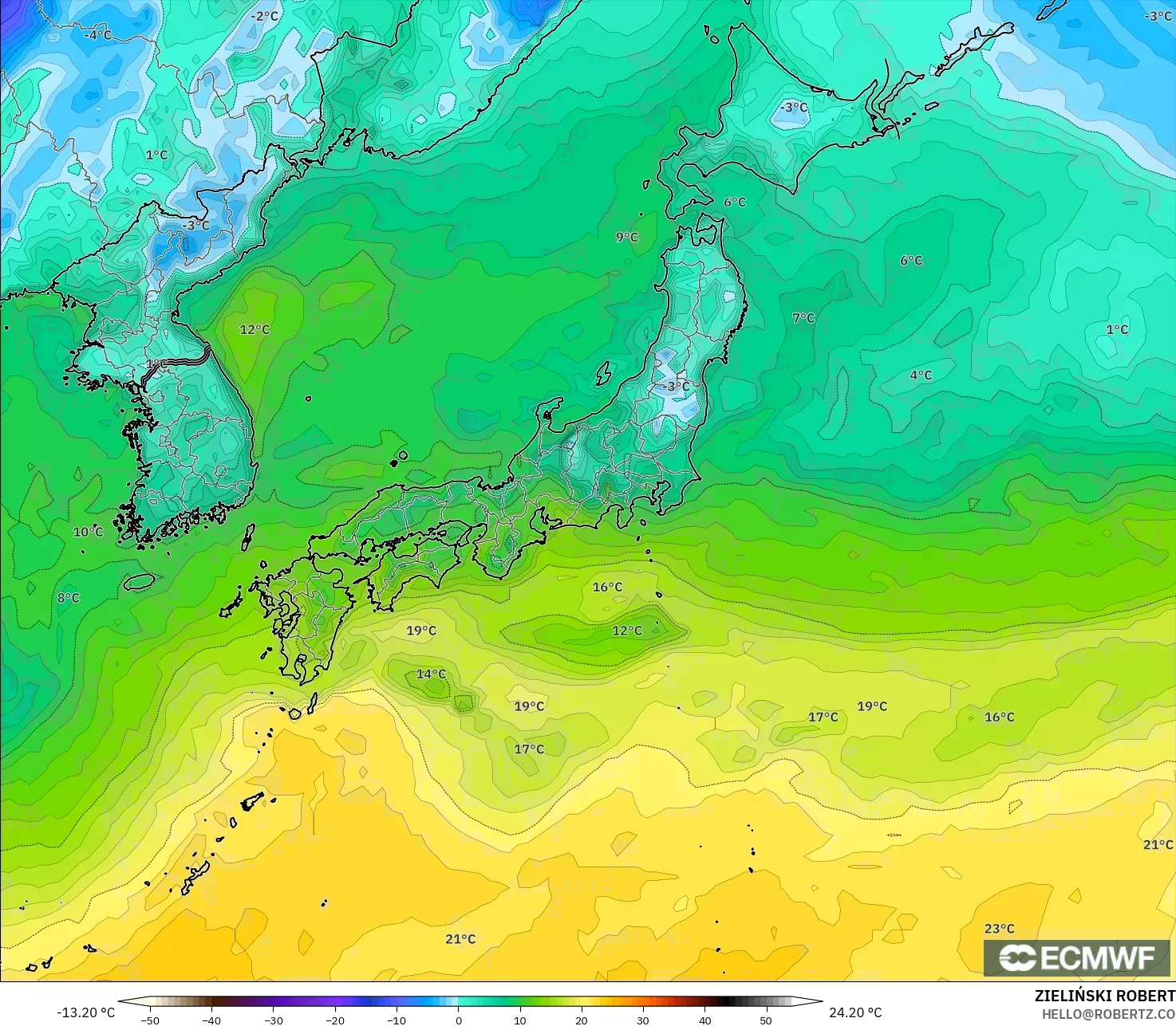 ECMWF IFS 0.25° model - Japonya, 2 m Çiy Noktası