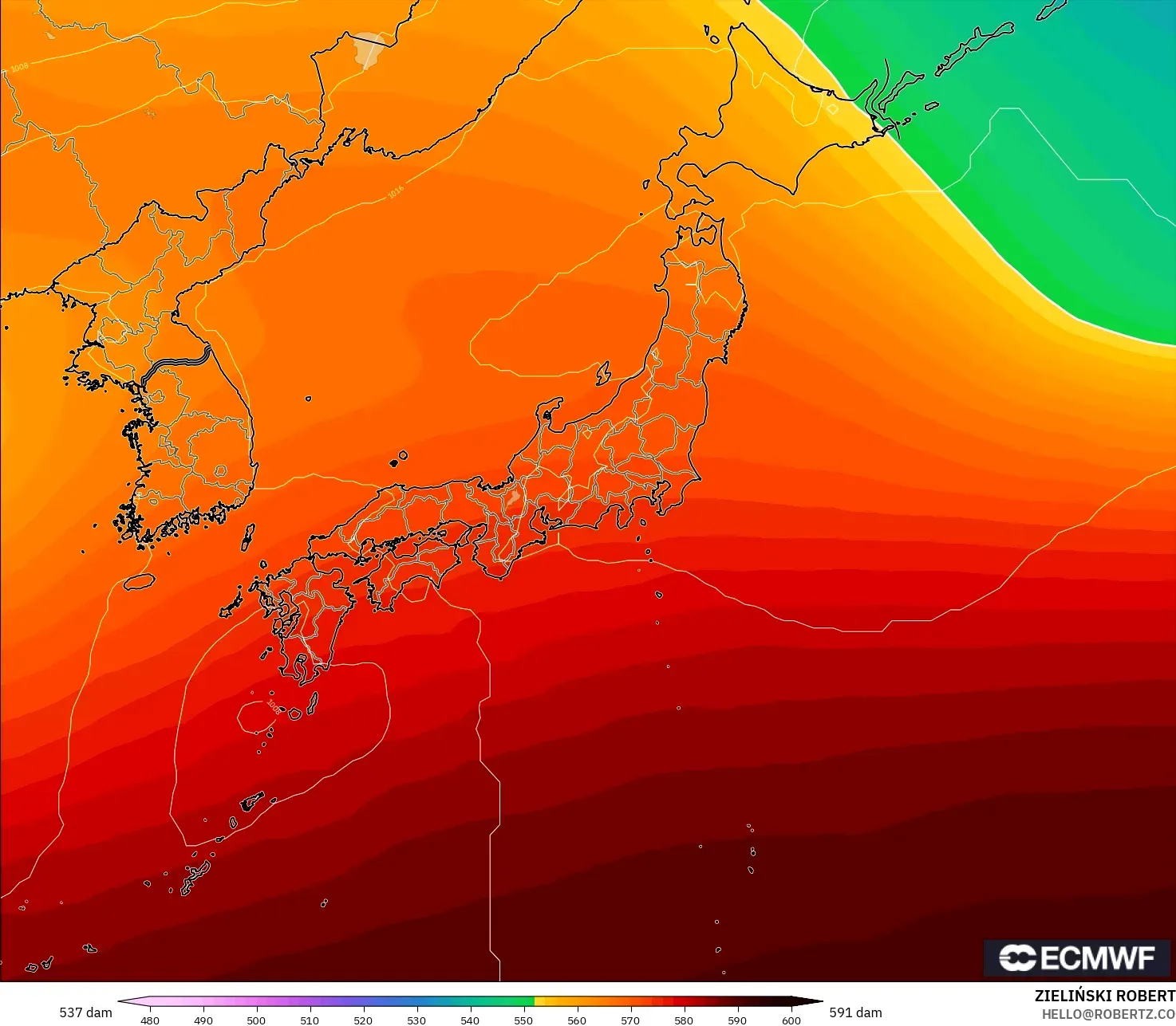 ECMWF IFS 0.25° model - Japonya, 500 hPa’da jeopotansiyel yükseklik