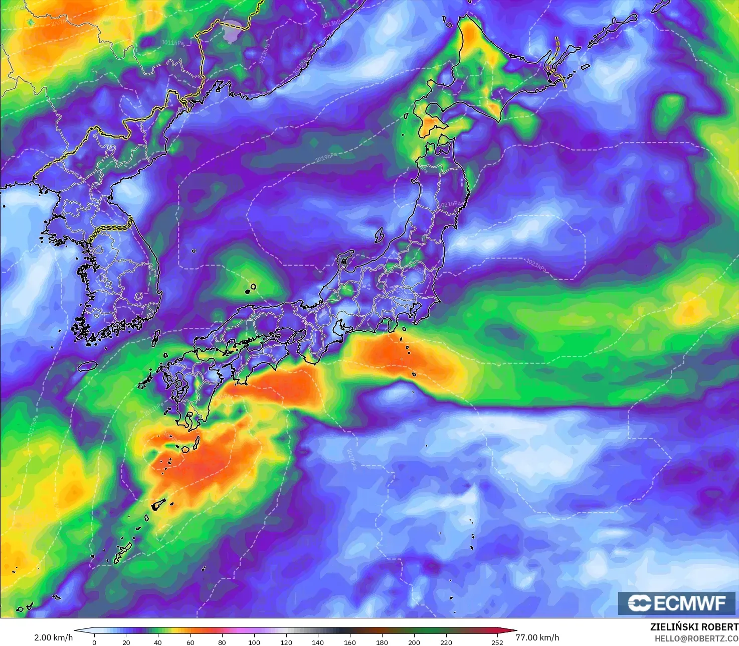ECMWF IFS 0.25° model - Japonya, Rüzgâr Esintileri