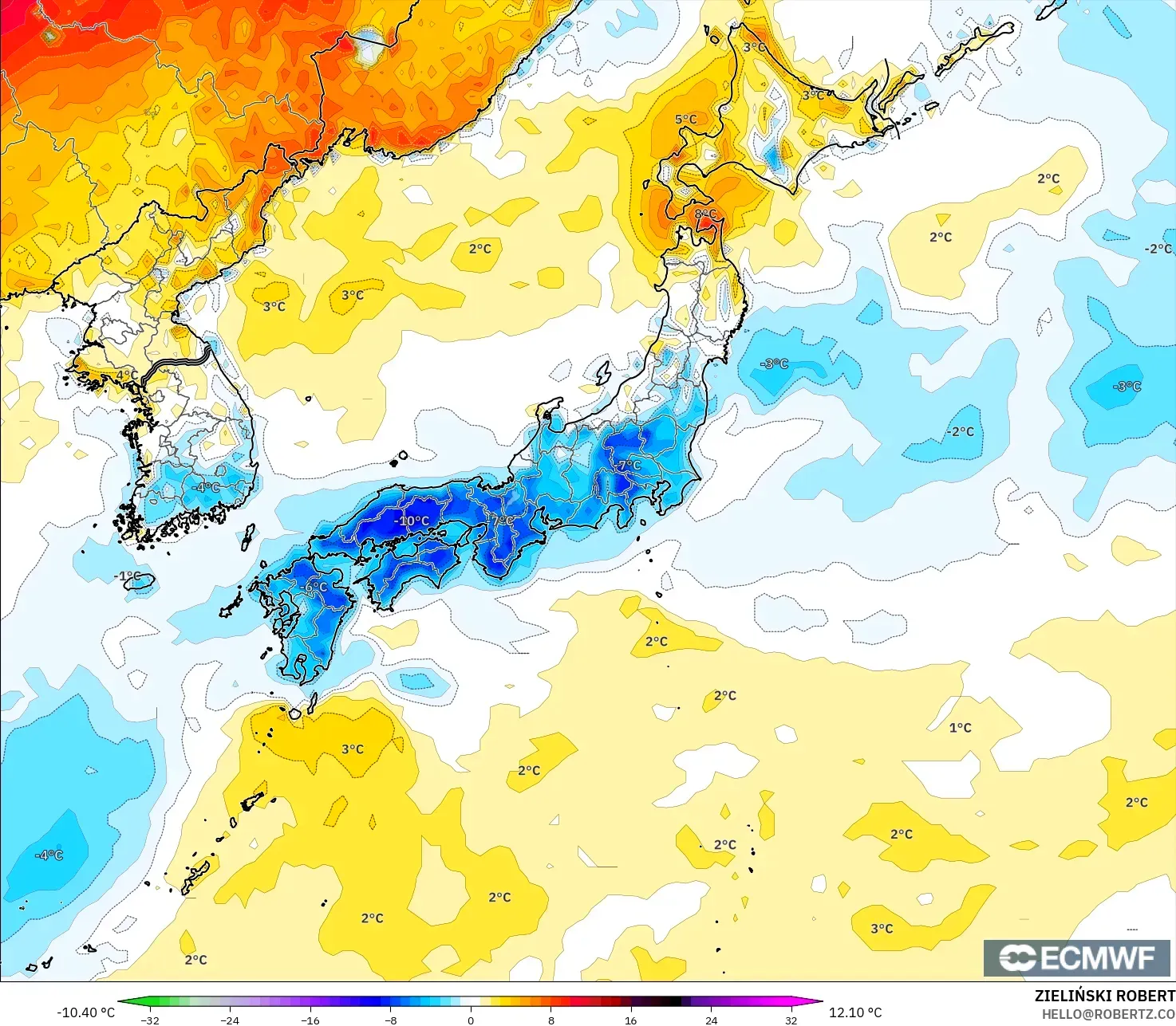 ECMWF IFS 0.25° model - Japonya, 2 m Sıcaklık Anomalisi