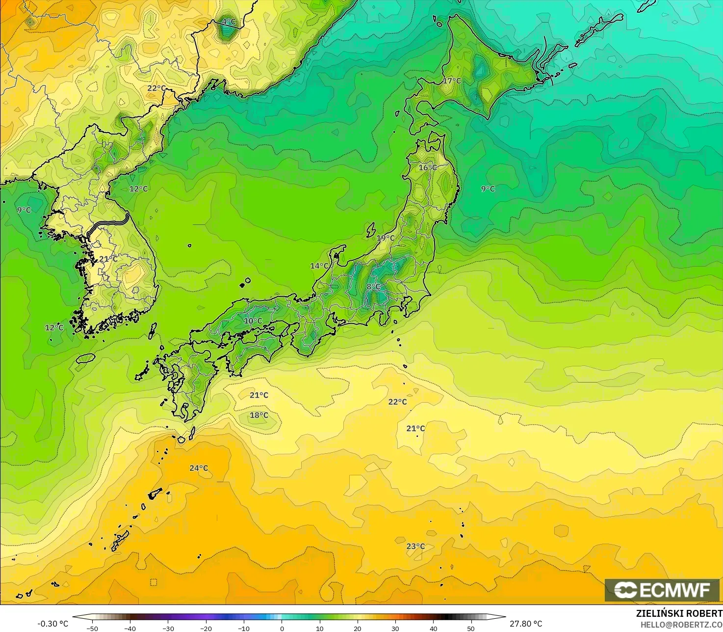 ECMWF IFS 0.25° model - Japonya, 2 m Sıcaklık