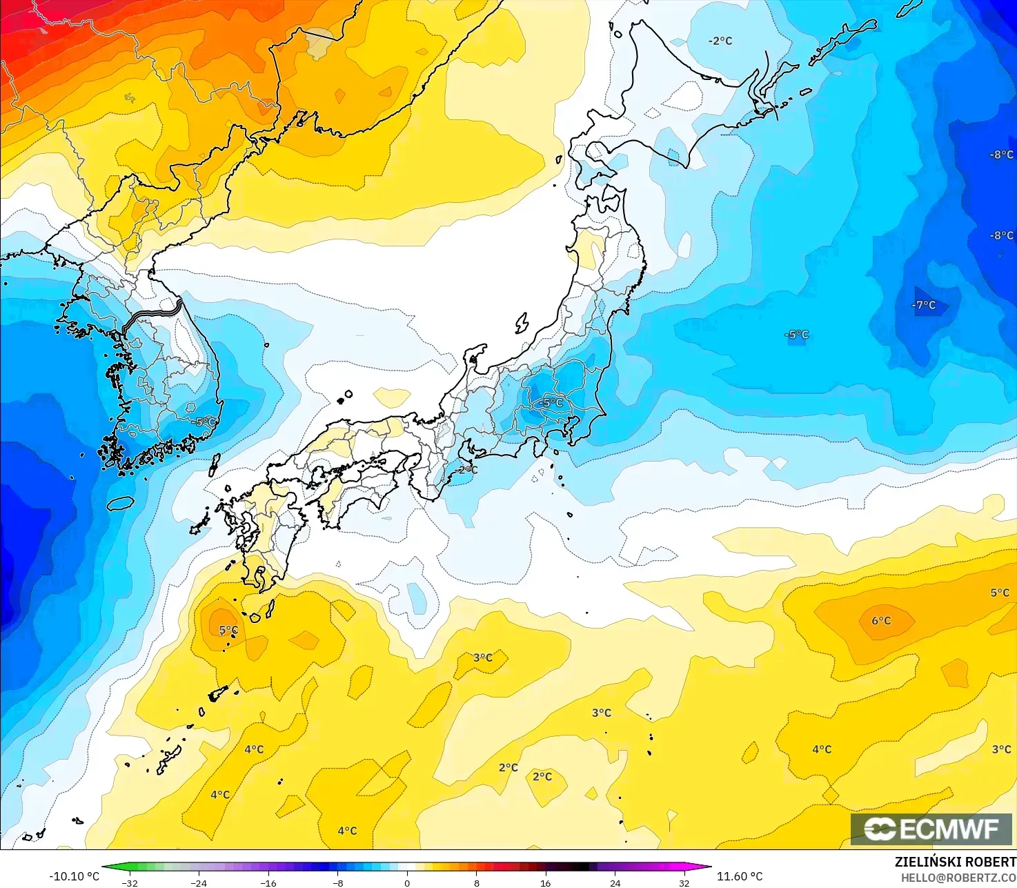 ECMWF IFS 0.25° model - Japonya, 850 hPa Sıcaklık Anomalisi