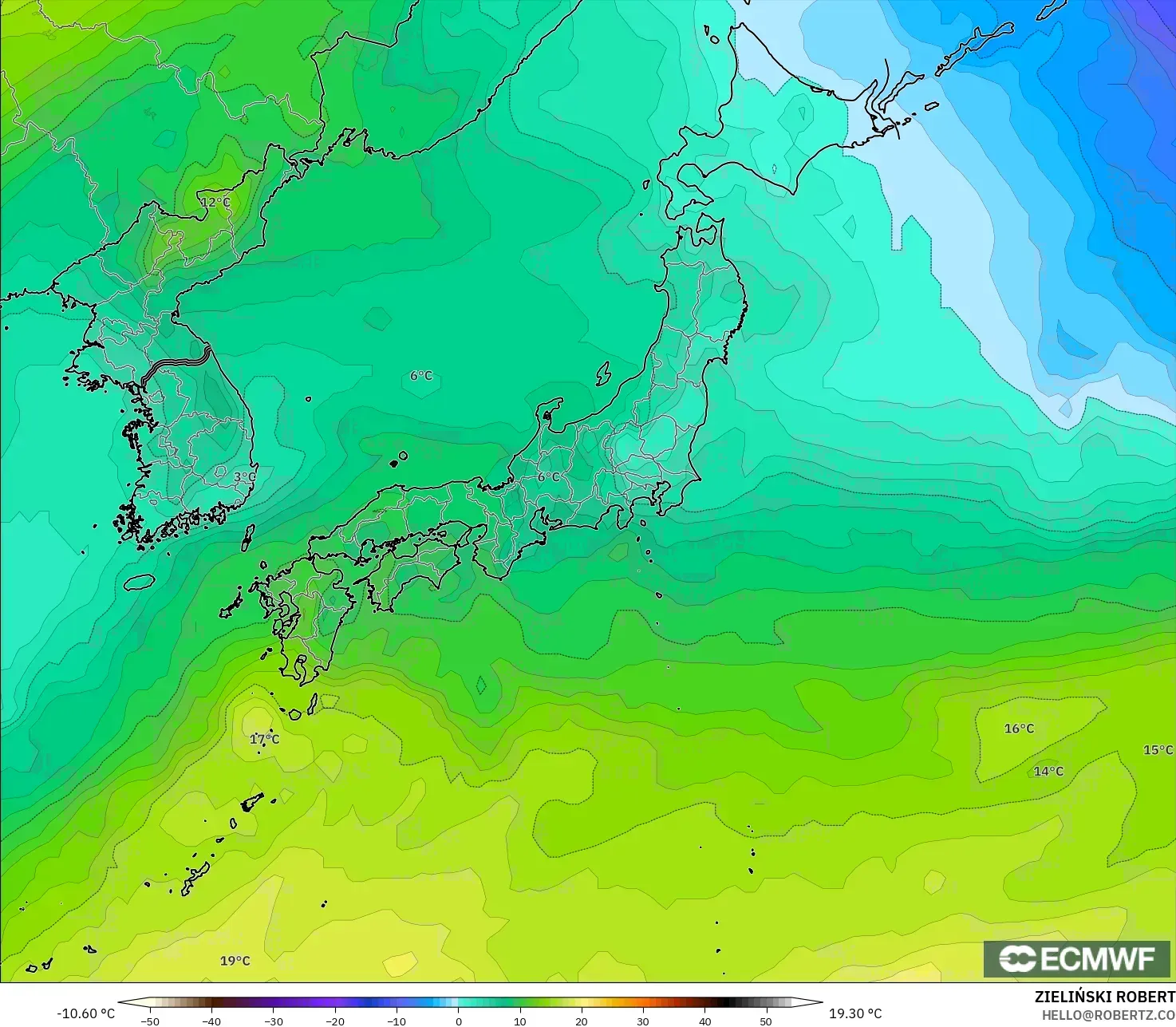 ECMWF IFS 0.25° model - Japonya, 850 hPa Sıcaklık