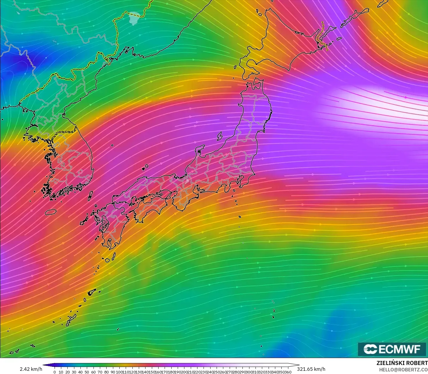 ECMWF IFS 0.25° model - Japonya, 300 hPa Rüzgârı (jet)