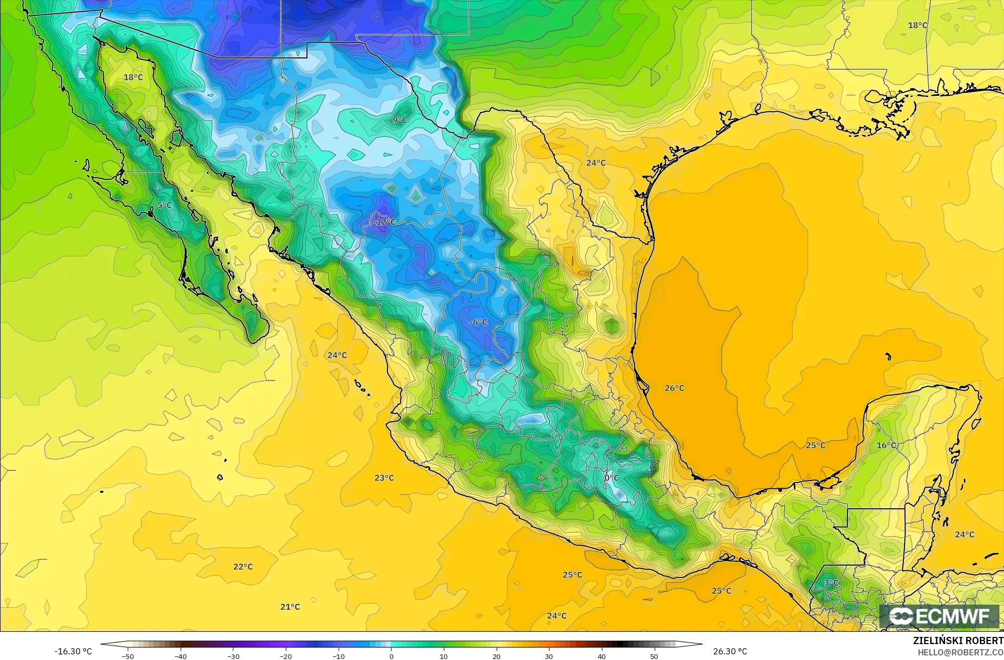 ECMWF IFS 0.25° model - Meksika, 2 m Çiy Noktası