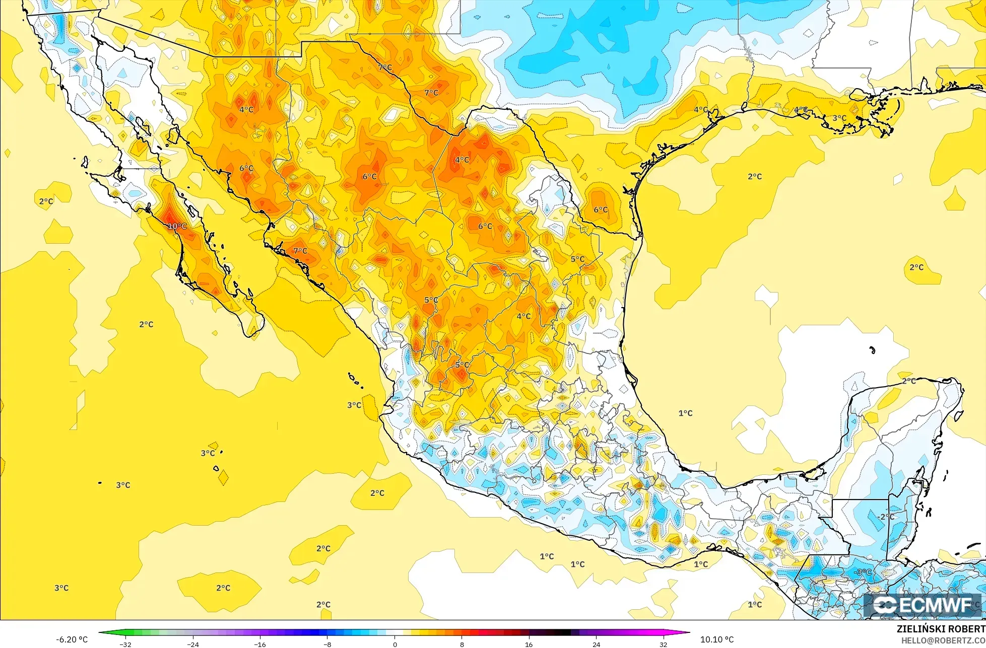 ECMWF IFS 0.25° model - Meksika, 2 m Sıcaklık Anomalisi