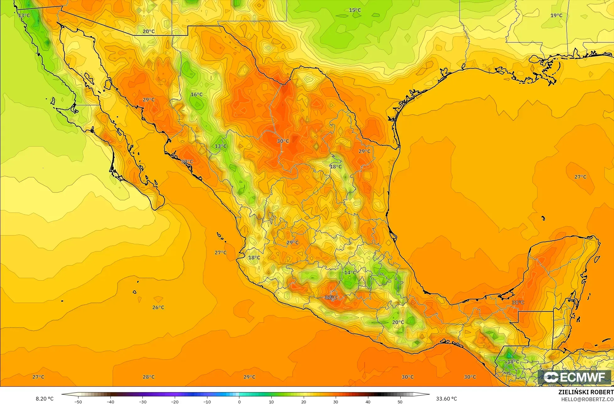 ECMWF IFS 0.25° model - Meksika, 2 m Sıcaklık