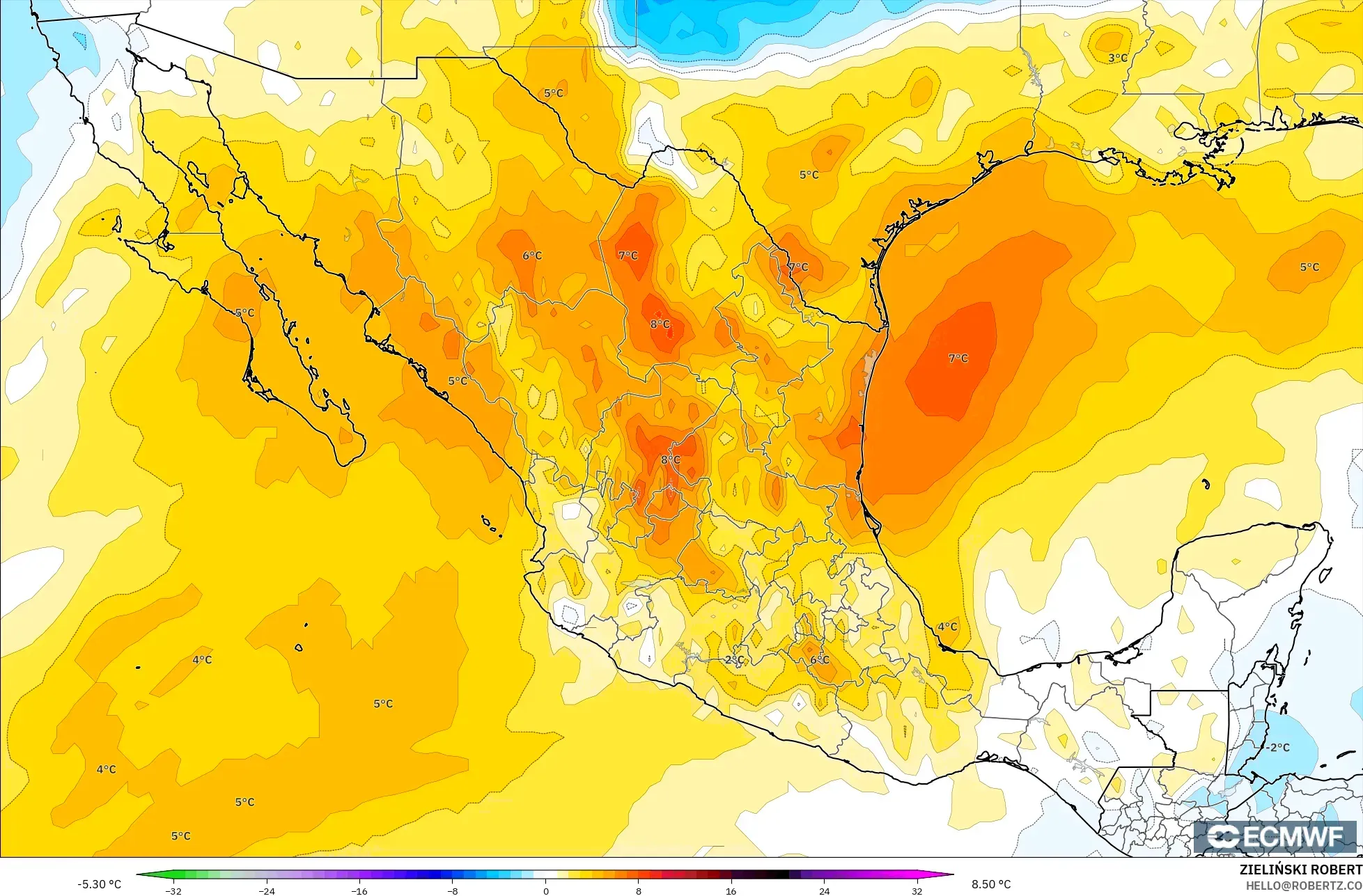 ECMWF IFS 0.25° model - Meksika, 850 hPa Sıcaklık Anomalisi