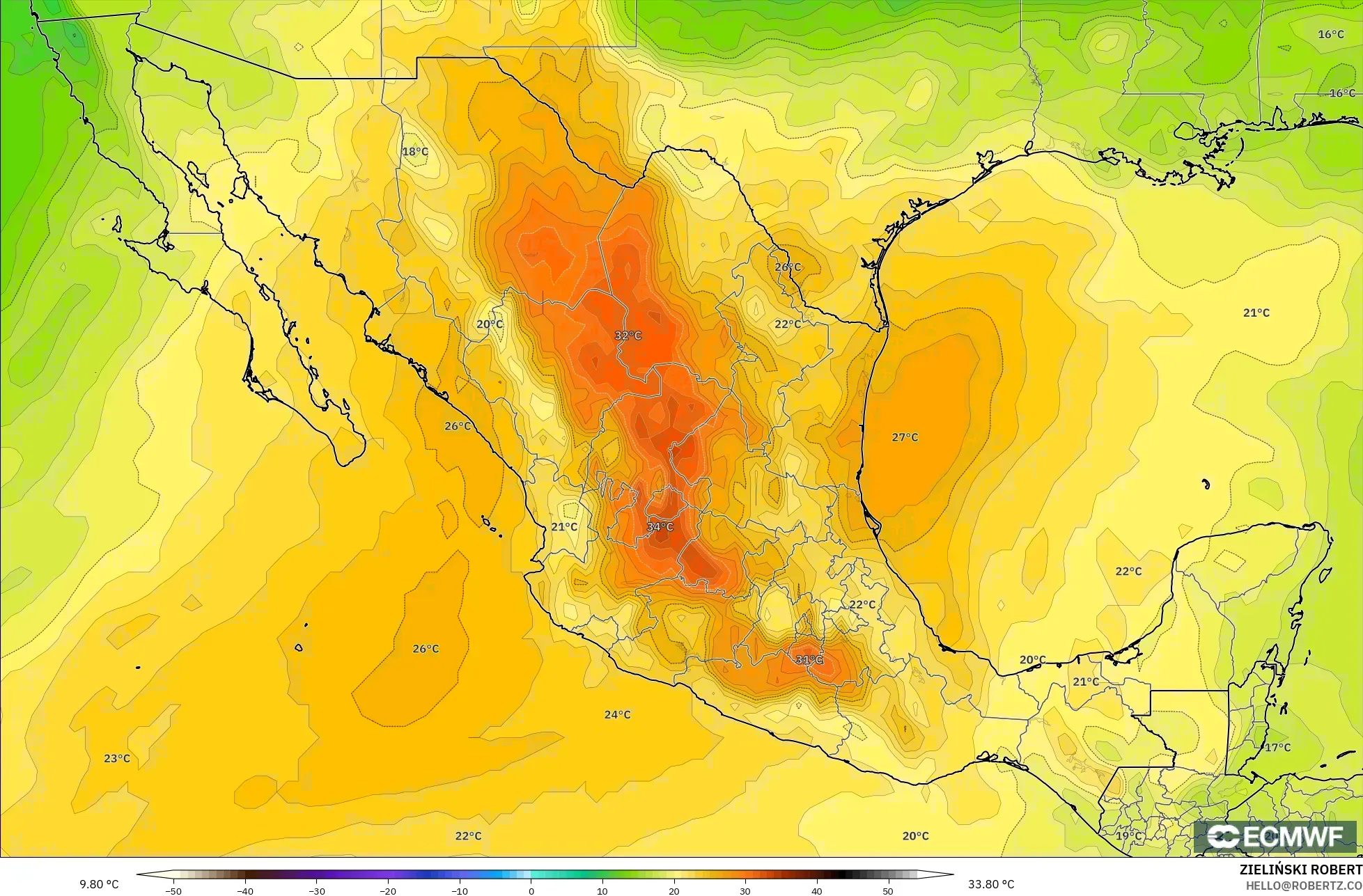 ECMWF IFS 0.25° model - Meksika, 850 hPa Sıcaklık