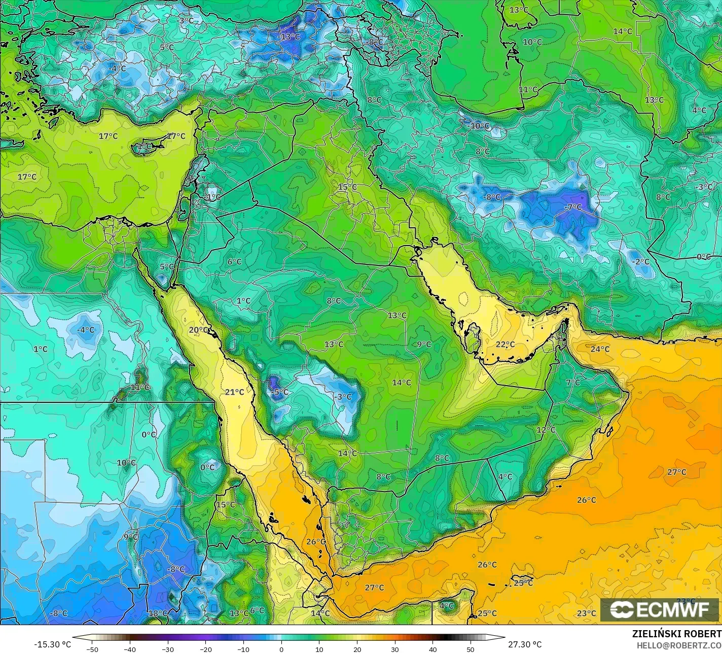 ECMWF IFS 0.25° model - Orta Doğu, 2 m Çiy Noktası