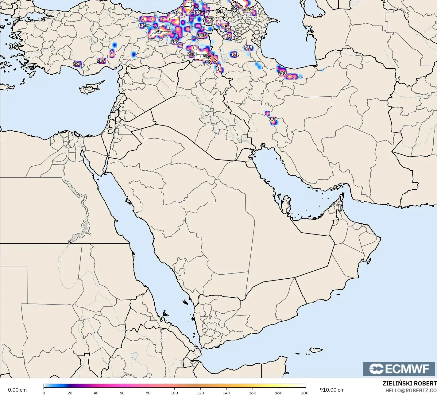 ECMWF IFS 0.25° model - Orta Doğu, Kar Kalınlığı