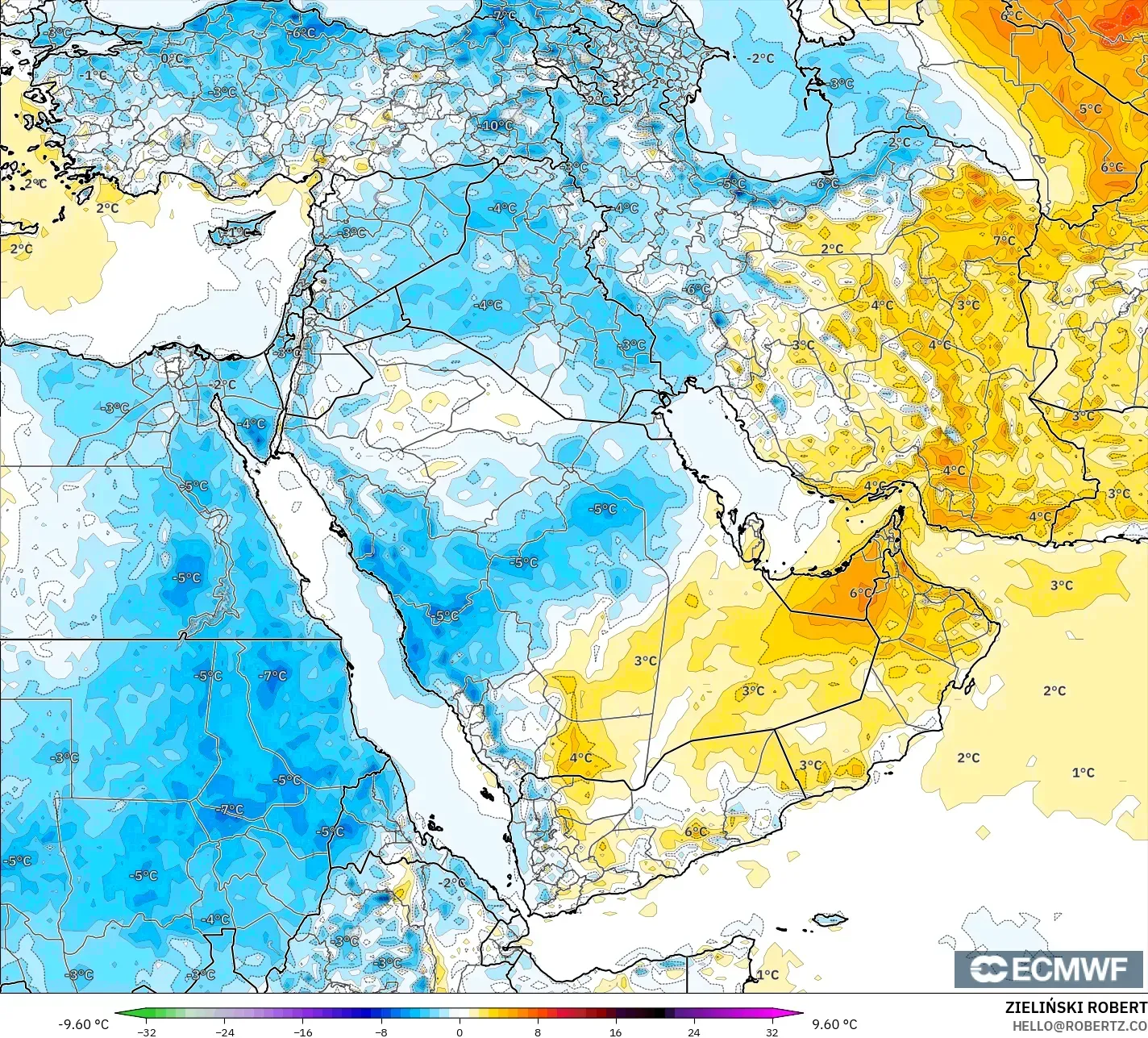 ECMWF IFS 0.25° model - Orta Doğu, 2 m Sıcaklık Anomalisi