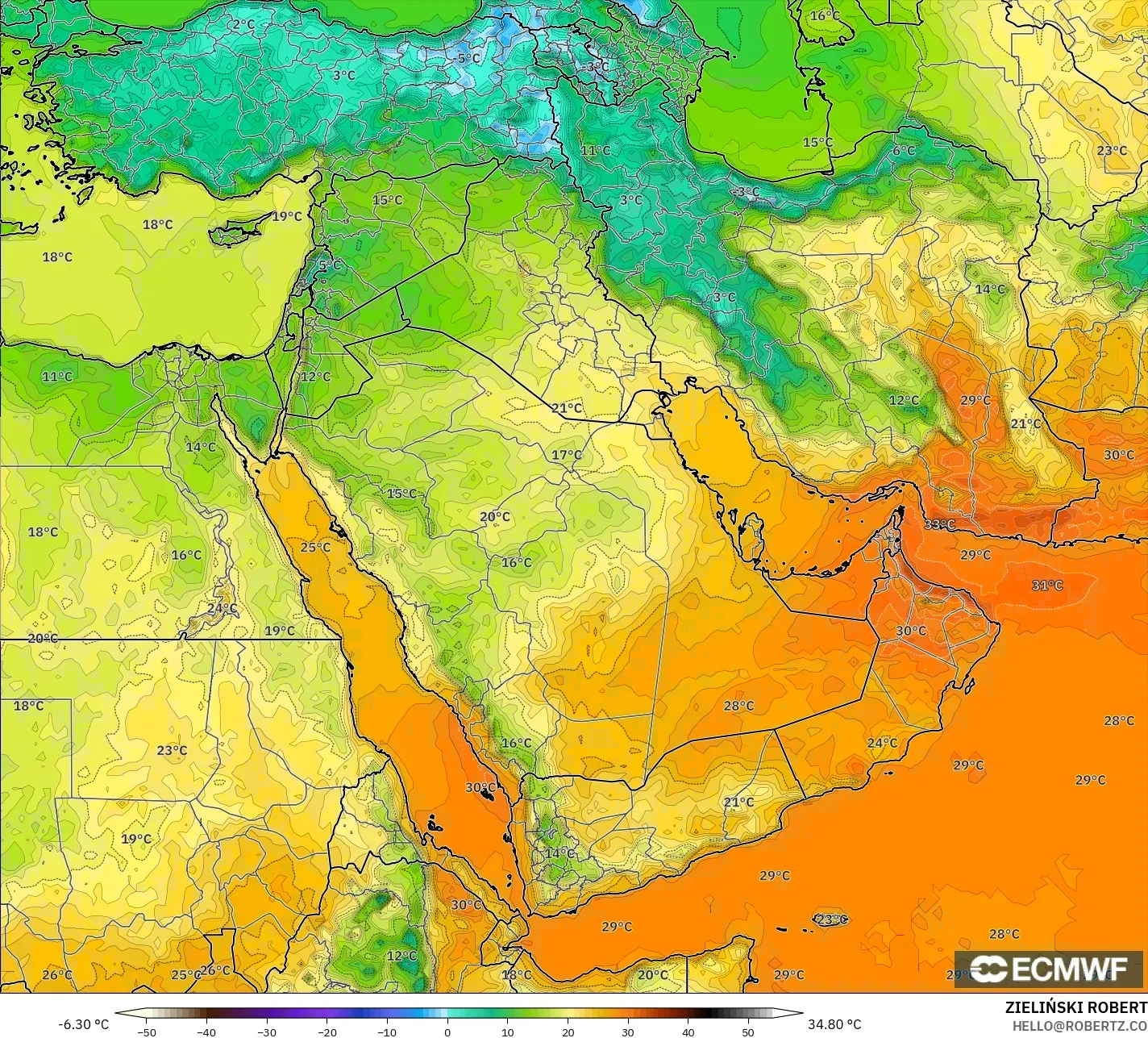ECMWF IFS 0.25° model - Orta Doğu, 2 m Sıcaklık